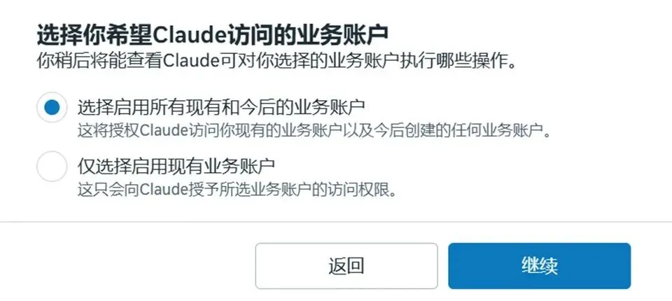 Selecting the business accounts to share with Claude
